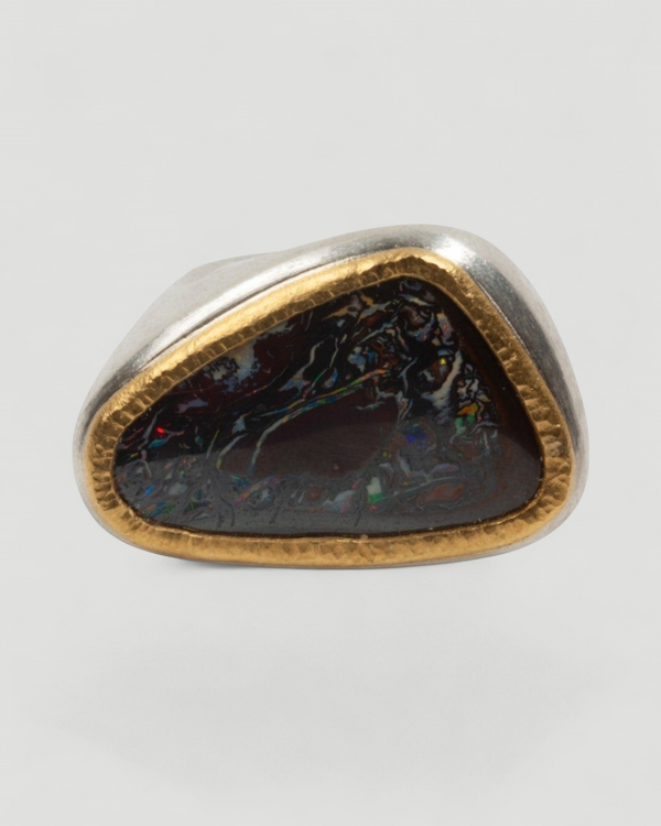 925 Silberring mit Yowah-Nuss-Opal gefasst in Feingold - Goldschmiede Krack