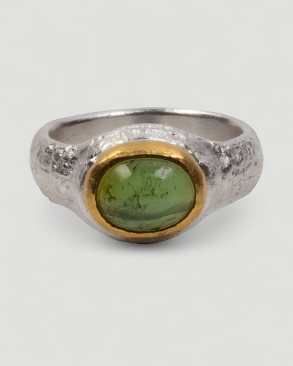 925 Silberring mit grünem Turmalin (3.37 ct) und 999 Feingold