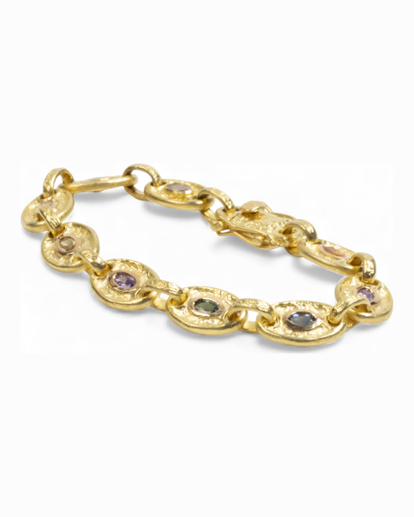 750 Gold-Gliederarmband mit bunten Saphiren (zus. 2,75 ct) - Goldschmiede Krack - Trauringe & Unikatschmuck aus Deidesheim