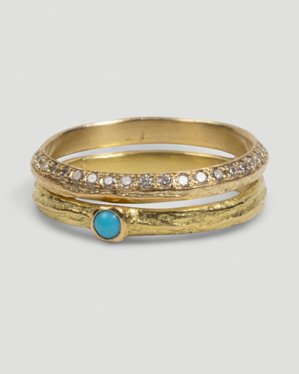 750 Gelbgold Ringset Bark-Struktur - Türkis-Cabochon und Memoire mit Brillanten - Goldschmiede Krack