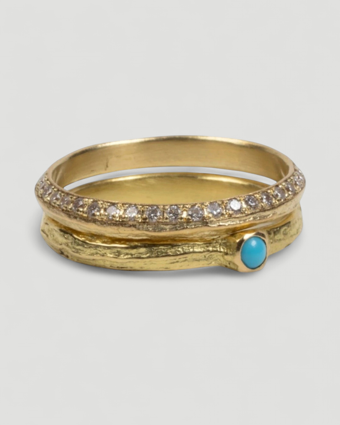 750 Gelbgold Ringset Bark-Struktur - Türkis-Cabochon und Memoire mit Brillanten - Goldschmiede Krack