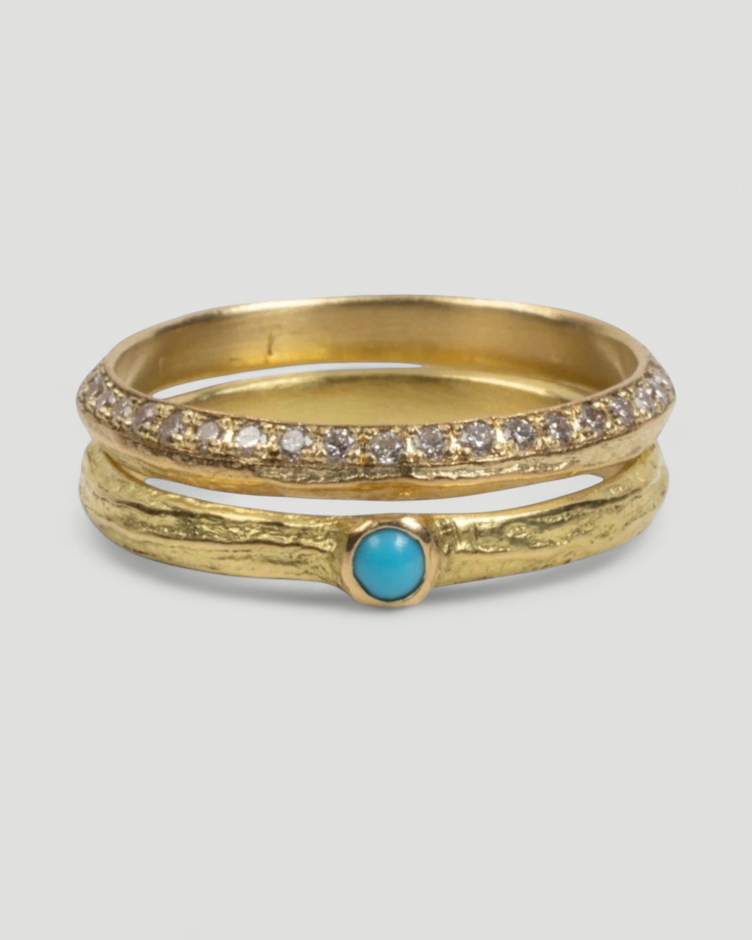 750 Gelbgold Ringset Bark-Struktur - Türkis-Cabochon und Memoire mit Brillanten - Goldschmiede Krack