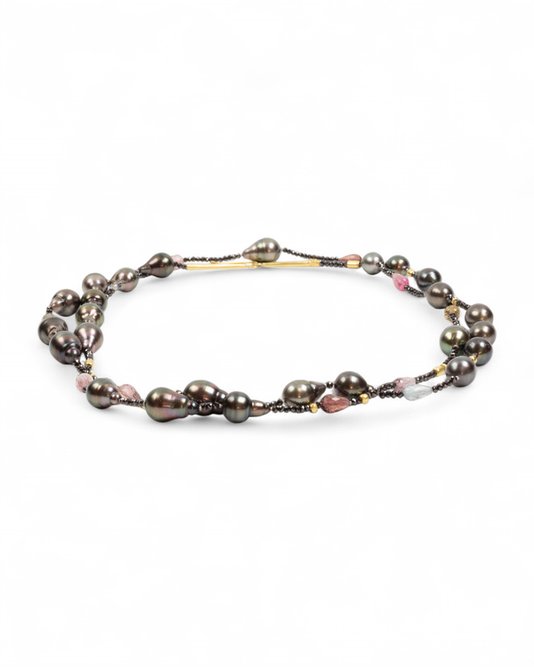 Tahiti-Perlenkette mit Turmalin und schwarzen Diamanten, 750 Gold - Goldschmiede Krack