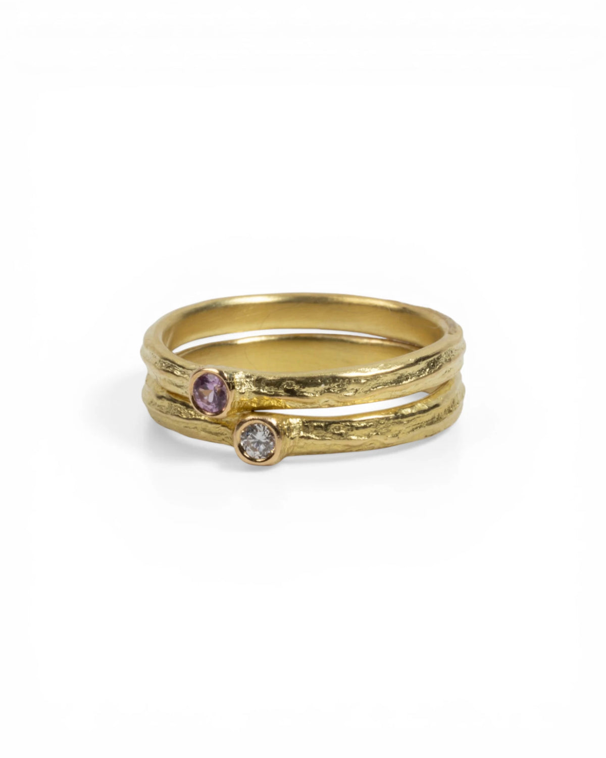 750 Gelbgold Ringset Bark-Struktur - Pinker Saphir und LGD Brillant