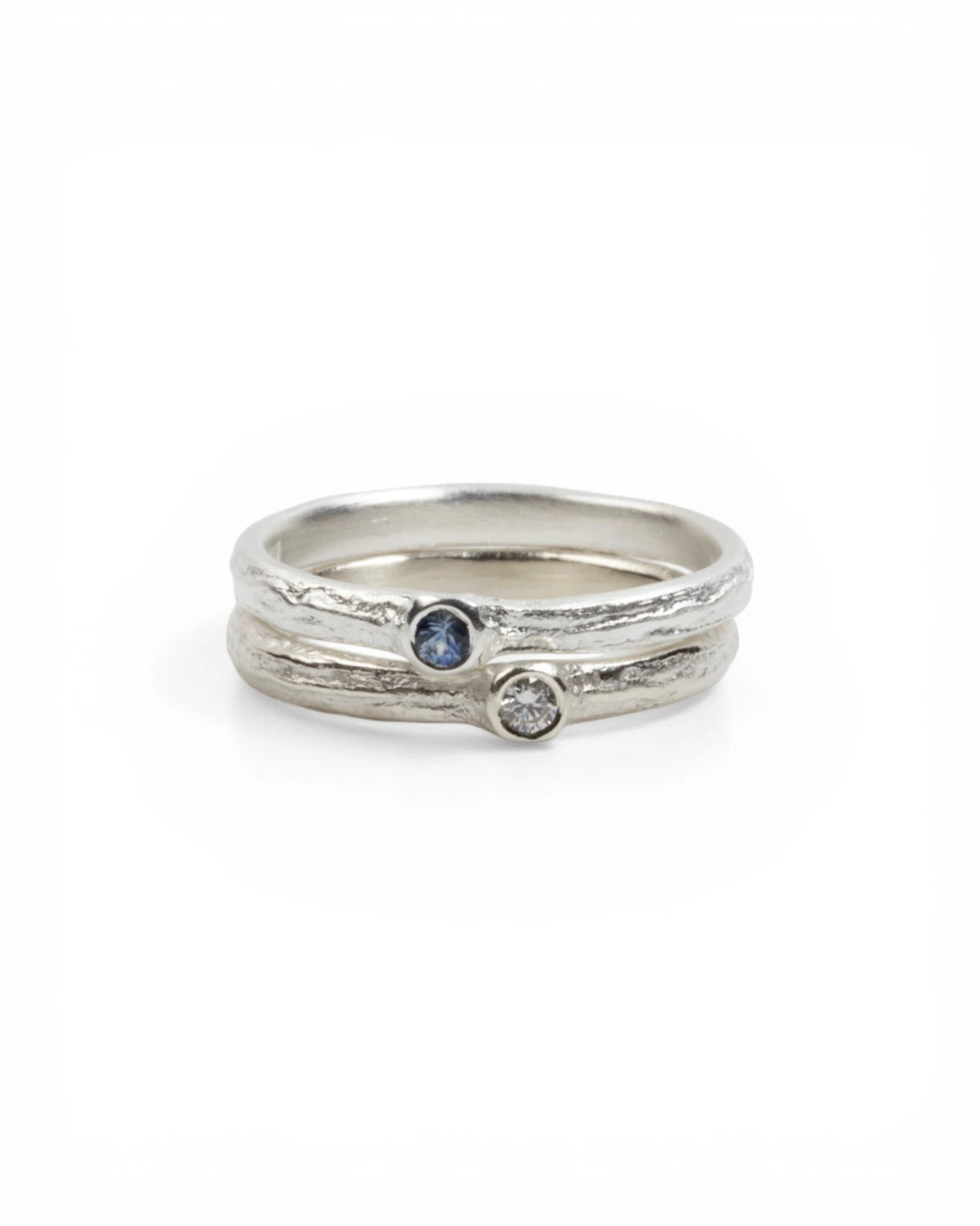 925 Silber Bark-Ringset mit blauem Saphir (0,06 ct) und Brillant (0,05 ct)