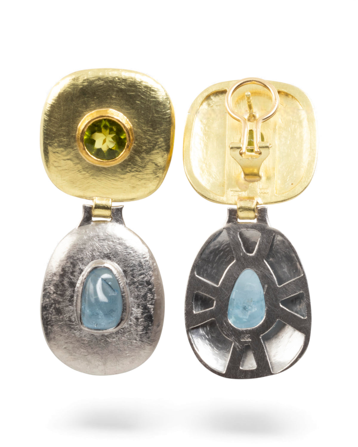 Ohrschmuck aus 750 Gold & Palladium-Weißgold mit Peridot und Aquamarin – Unikat - Goldschmiede Krack - Trauringe & Unikatschmuck aus Deidesheim