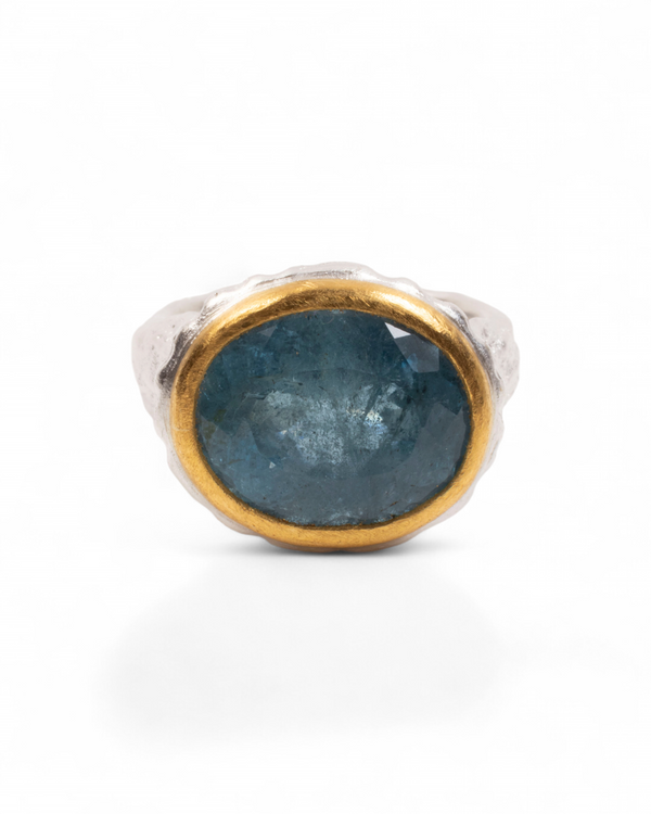 925 Silberring mit blauem Aquamarin (10,67 ct) und 999 Feingold-Fassung - Goldschmiede Krack