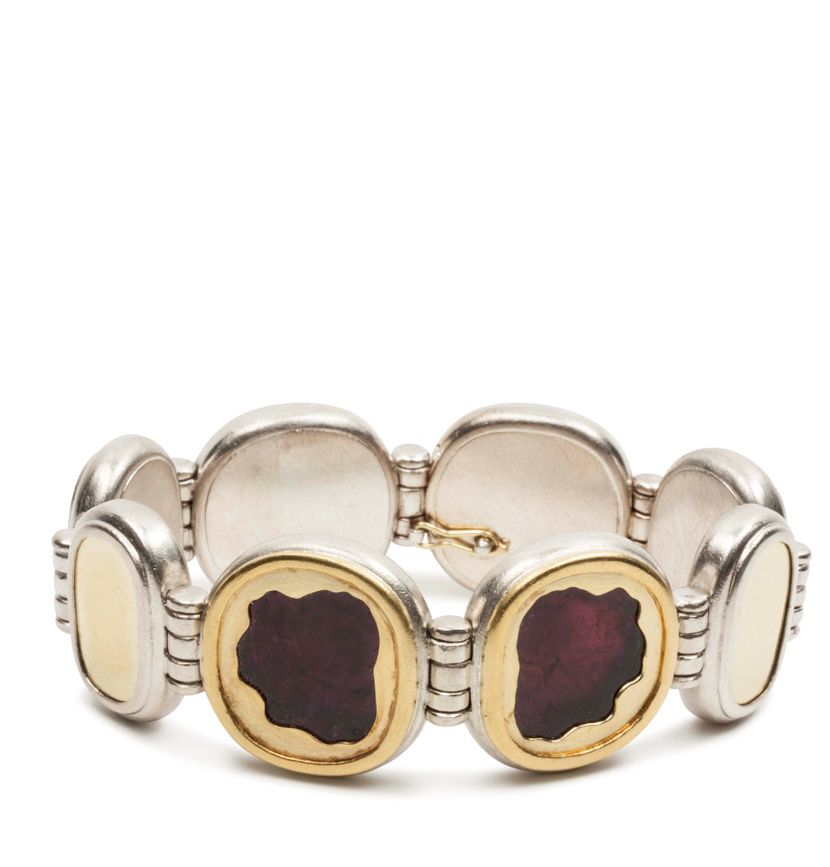 Großer Armreif mit zwei roten Turmalinen (30.0 ct) und Kastenschloss aus Silber und Gold - Goldschmiede Krack - Trauringe & Unikatschmuck aus Deidesheim