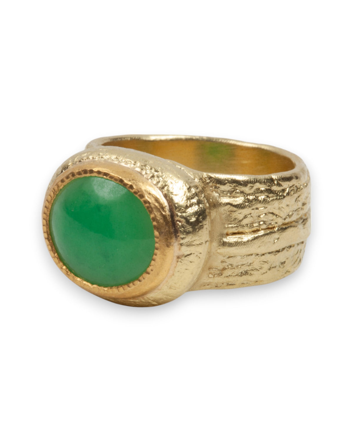 Großer srukturierter 750 Goldring mit grüner Jade