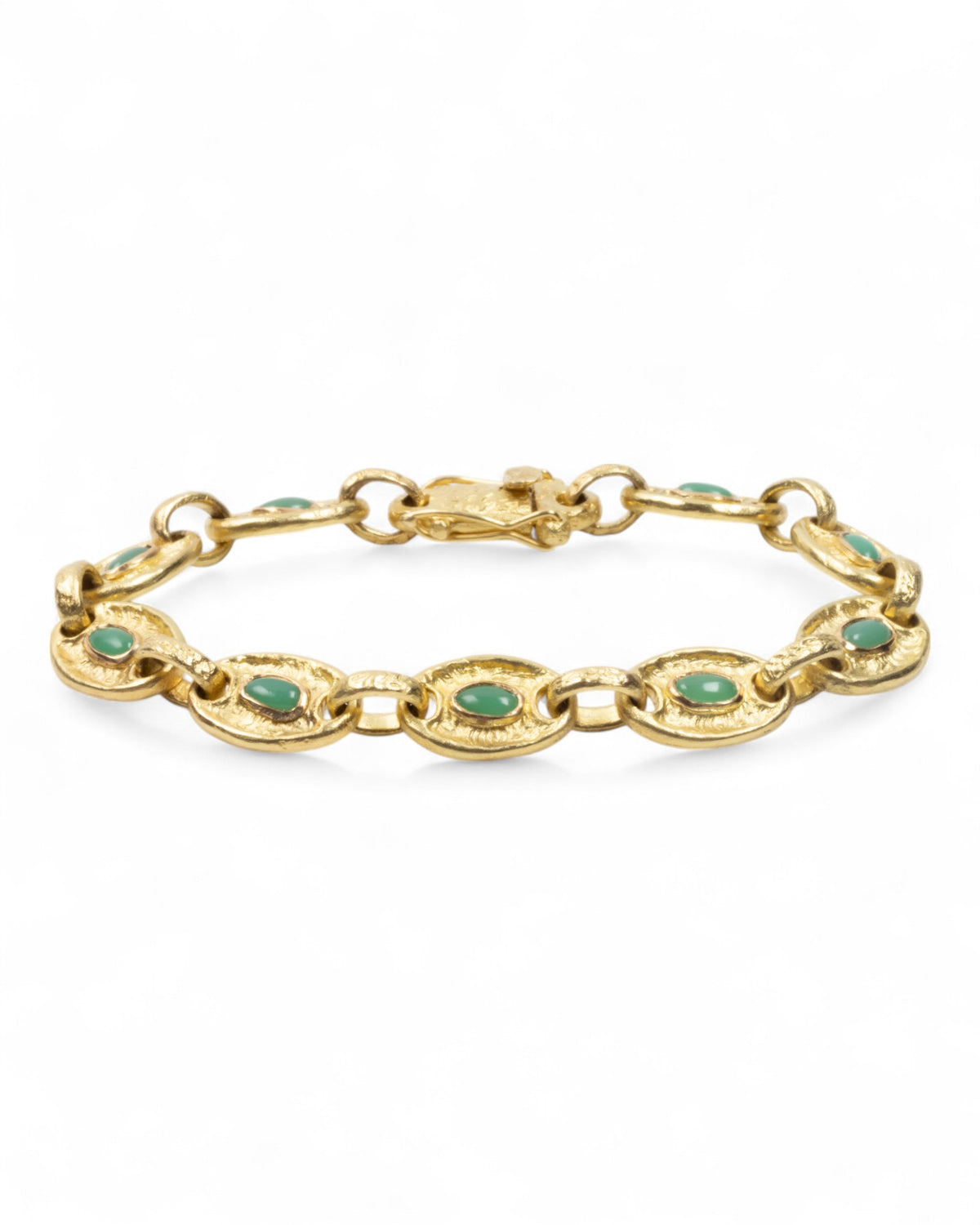 750 Gold-Gliederarmband mit grünen Chrysoprasen (2.34 ct) - Goldschmiede Krack - Trauringe & Unikatschmuck aus Deidesheim