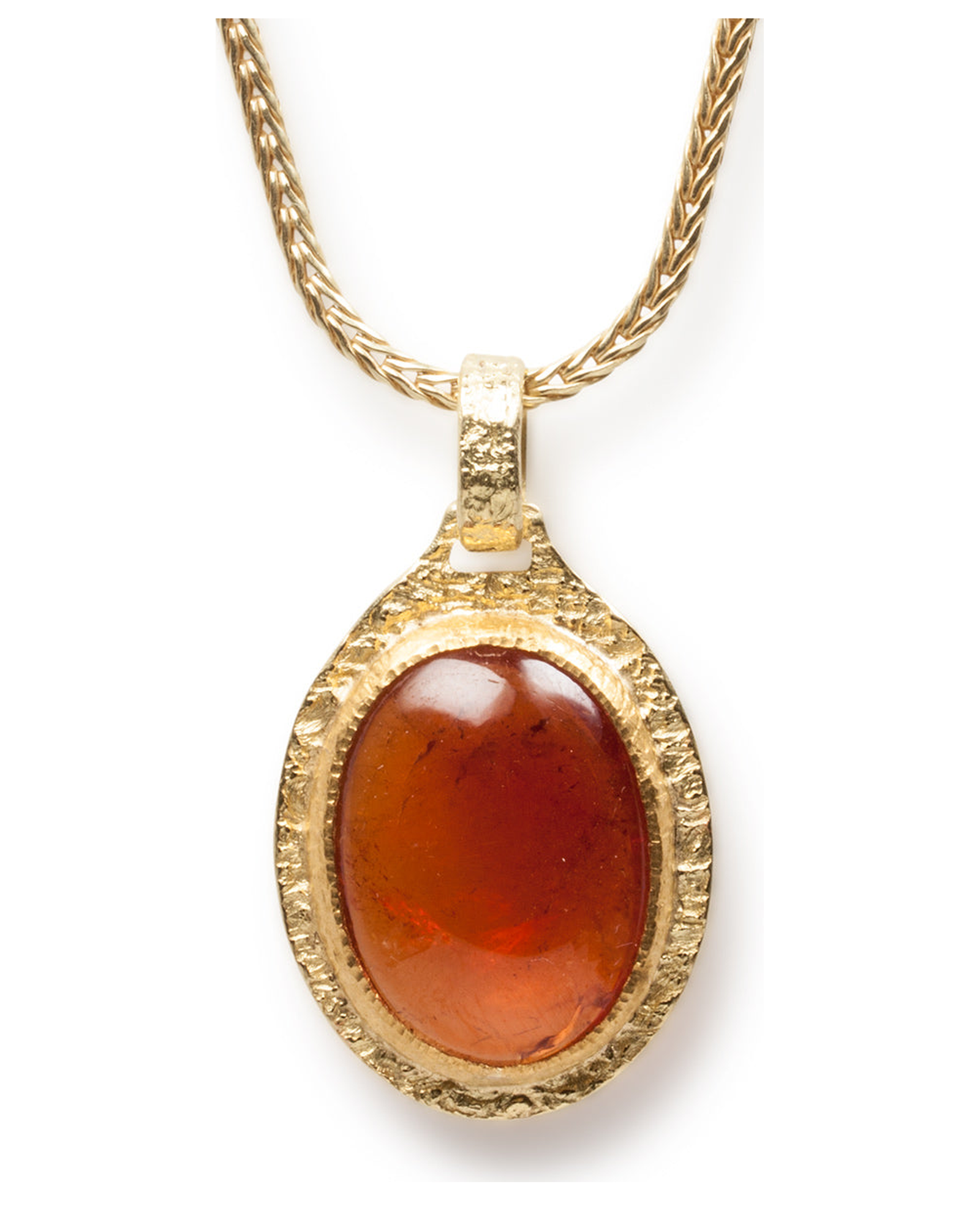Großer 750 Goldanhänger mit leuchtendem Mandarin-Granat und passender 750 Goldkette - Goldschmiede Krack - Trauringe & Unikatschmuck aus Deidesheim