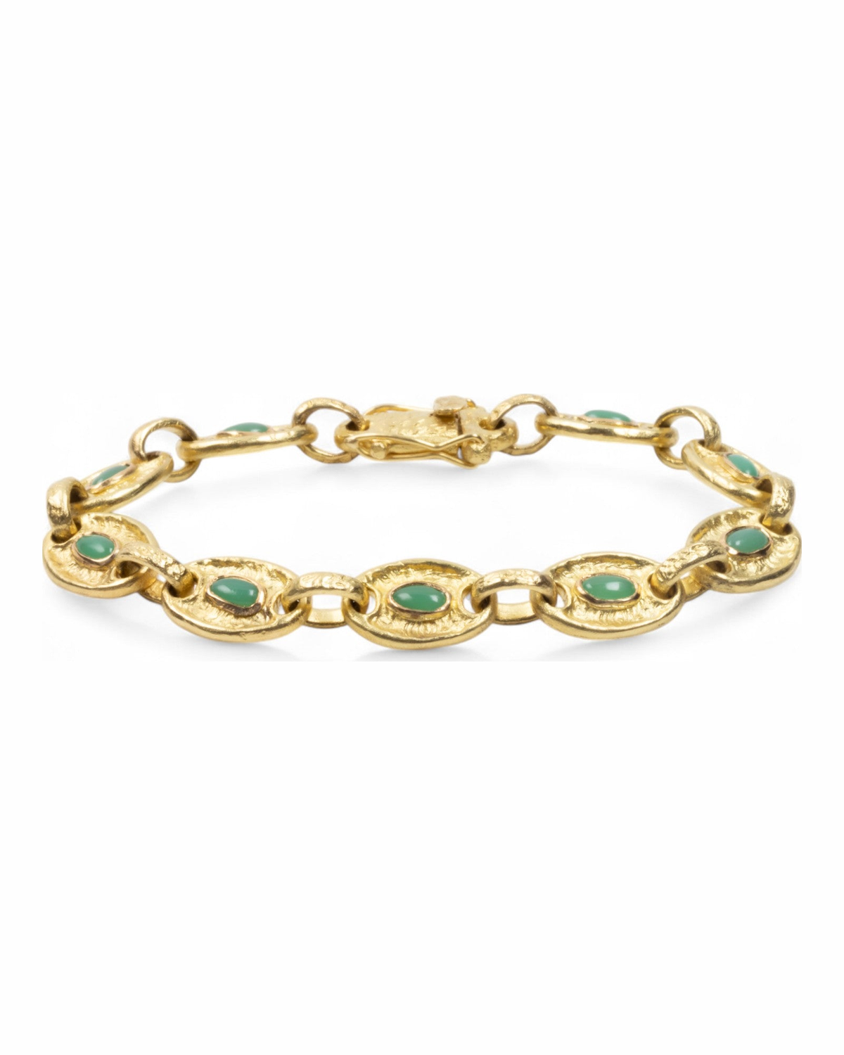 750 Gold-Gliederarmband mit grünen Chrysoprasen (2.34 ct) - Goldschmiede Krack - Trauringe & Unikatschmuck aus Deidesheim
