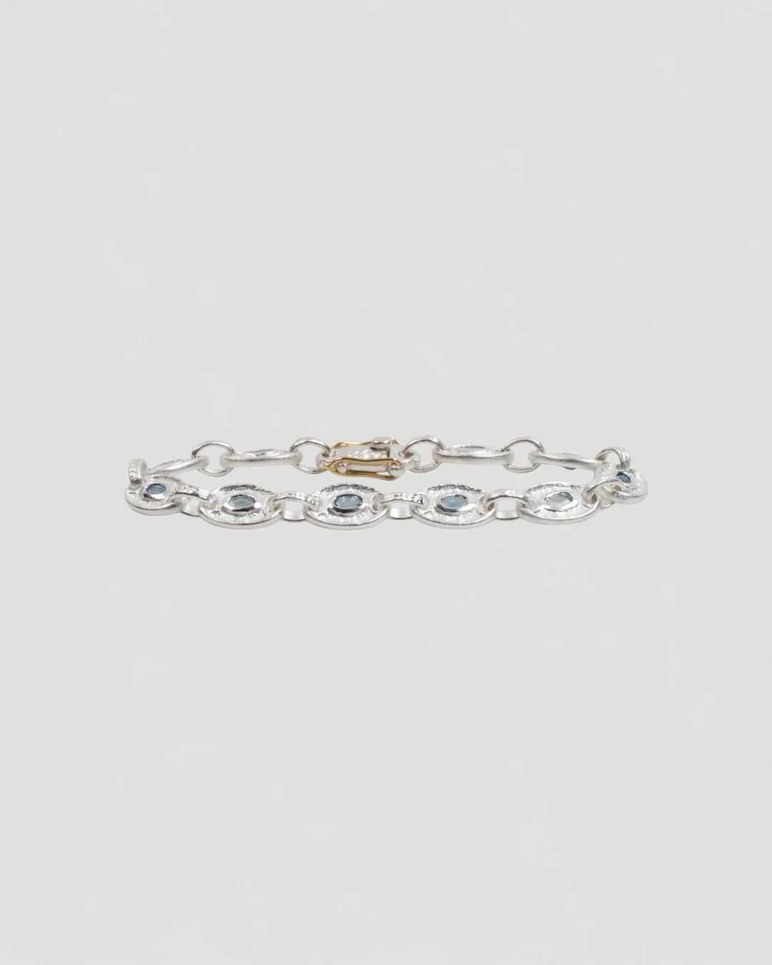 925 Silber Gliederarmband (Ø 10 mm) mit blauem Aquamarin und 750 Gold - Goldschmiede Krack