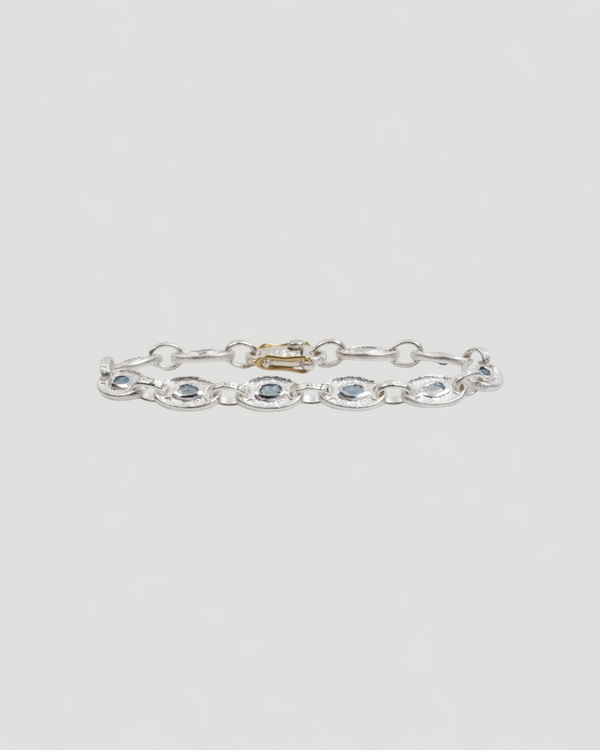 925 Silber Gliederarmband (Ø 10 mm) mit blauem Aquamarin und 750 Gold