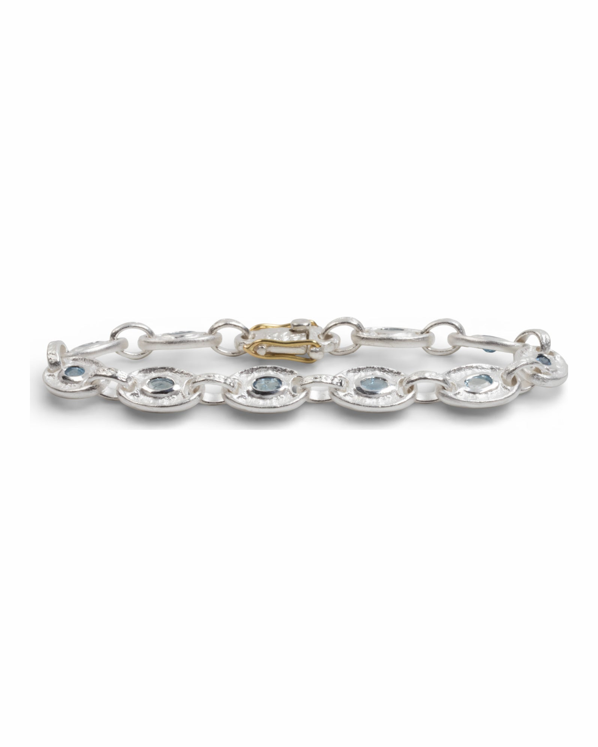 925 Silber Gliederarmband (Ø 10 mm) mit blauem Aquamarin und 750 Gold - Goldschmiede Krack - Trauringe & Unikatschmuck aus Deidesheim