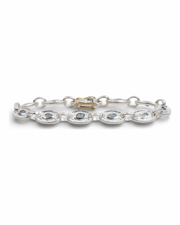 925 Silber Gliederarmband (Ø 10 mm) mit blauem Aquamarin und 750 Gold - Goldschmiede Krack - Trauringe & Unikatschmuck aus Deidesheim