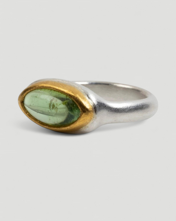 925 Silberring mit grünem Turmalin (3,35 ct) und 999 Feingold-Fassung