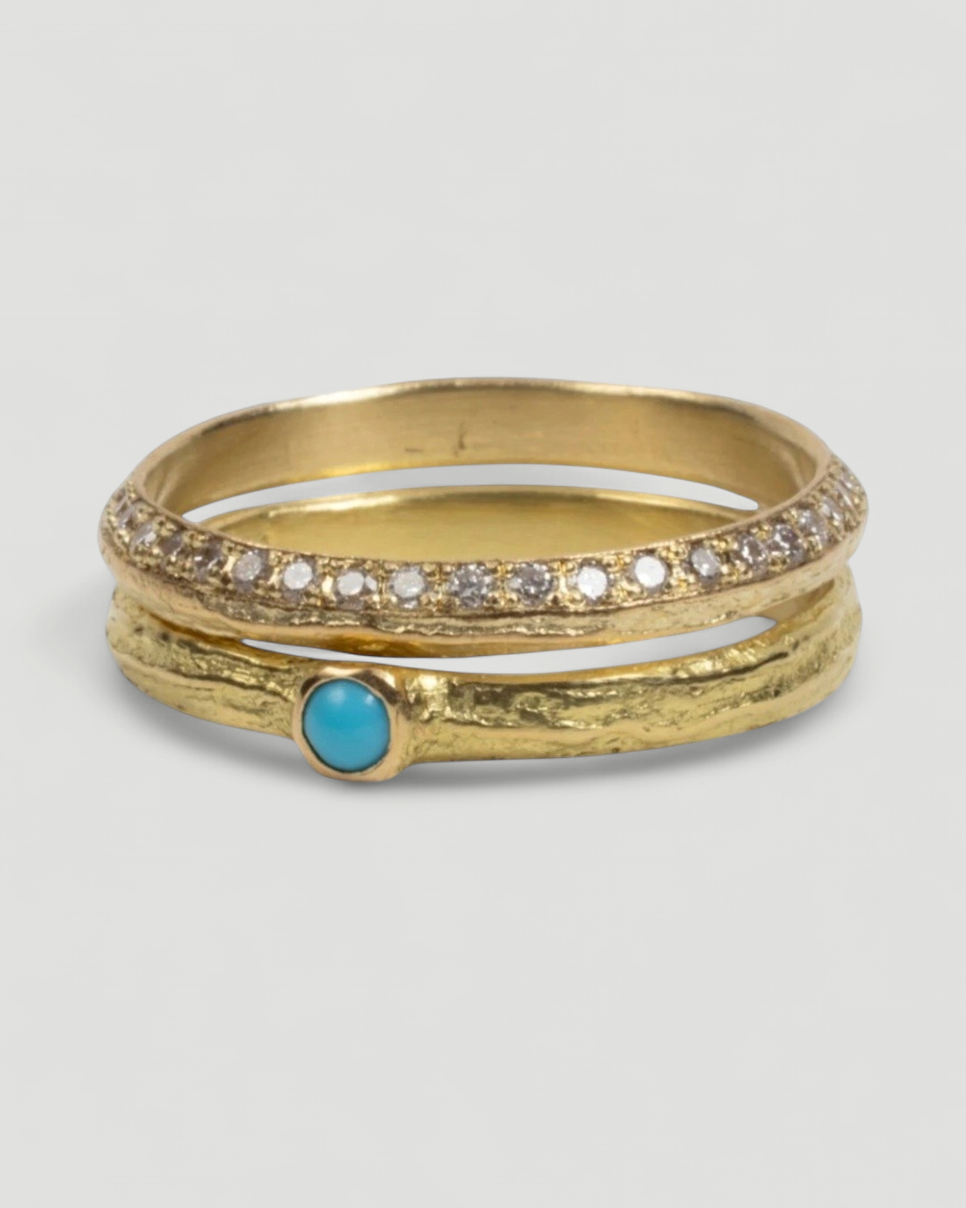 750 Gelbgold Ringset Bark-Struktur - Türkis-Cabochon und Memoire mit Brillanten - Goldschmiede Krack