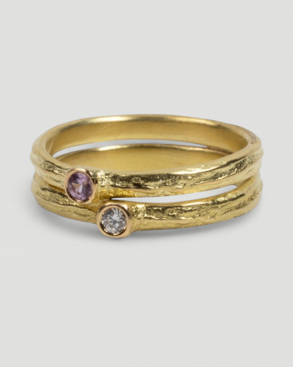 750 Gelbgold Ringset Bark-Struktur - Pinker Saphir und LGD Brillant