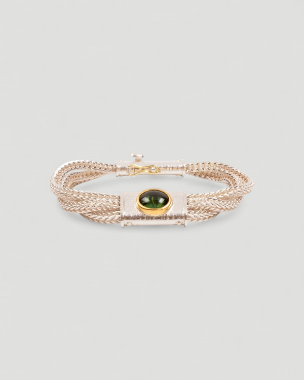 925 Silberarmband mit grünem Turmalin und Fuchsschwanzkette (18 cm)