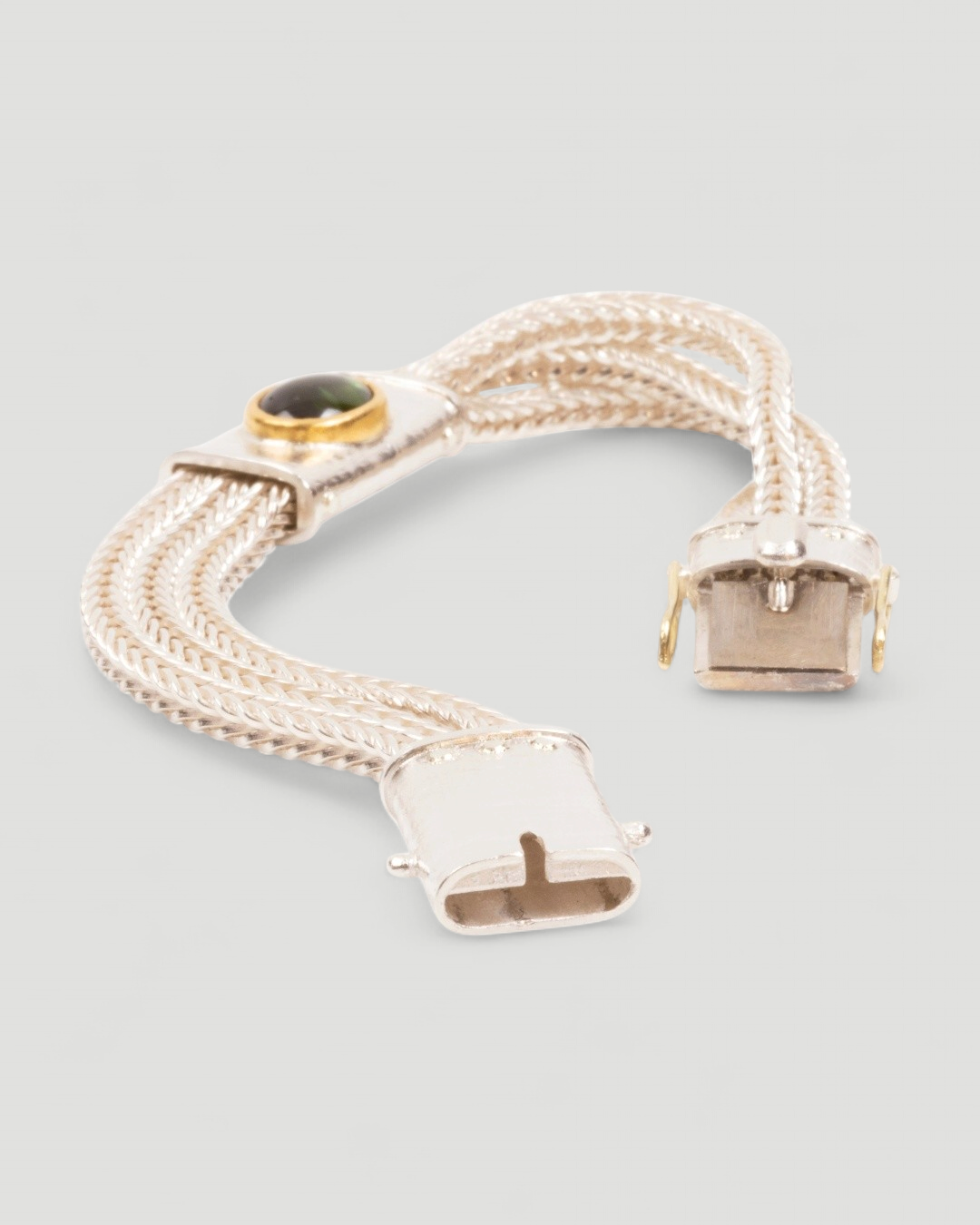 925 Silberarmband mit grünem Turmalin und Fuchsschwanzkette (18 cm) - Goldschmiede Krack