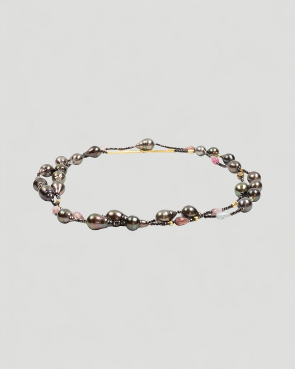 Tahiti-Perlenkette mit Turmalin und schwarzen Diamanten, 750 Gold