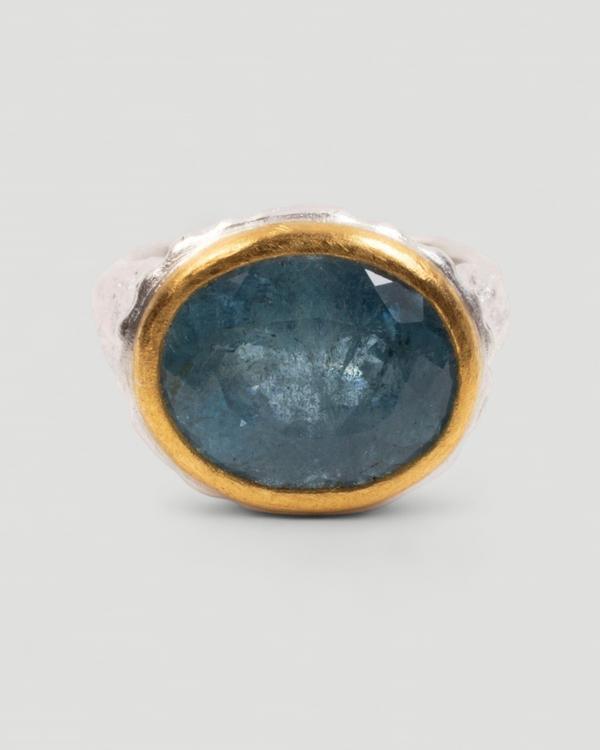 925 Silberring mit blauem Aquamarin (10,67 ct) und 999 Feingold-Fassung - Goldschmiede Krack