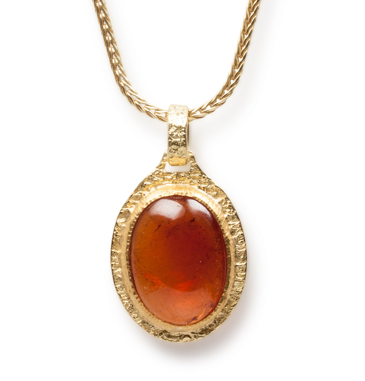 Großer 750 Goldanhänger mit leuchtendem Mandarin-Granat und passender 750 Goldkette - Goldschmiede Krack - Trauringe & Unikatschmuck aus Deidesheim
