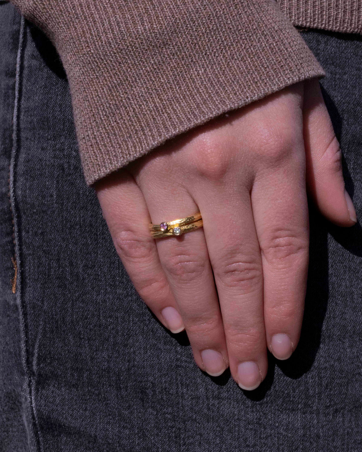 750 Gelbgold Ringset Bark-Struktur - Pinker Saphir und LGD Brillant