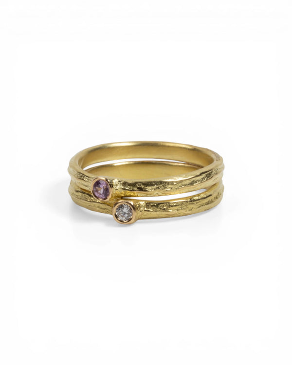 750 Gelbgold Ringset Bark-Struktur - Pinker Saphir und LGD Brillant
