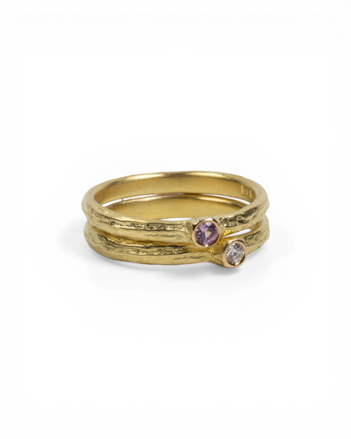 750 Gelbgold Ringset Bark-Struktur - Pinker Saphir und LGD Brillant