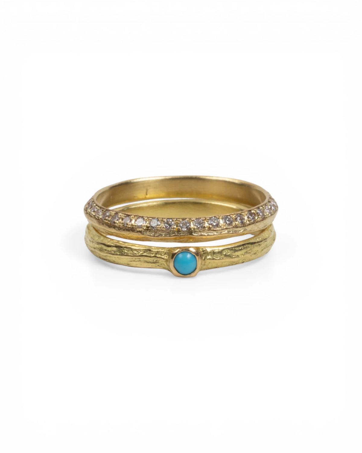 750 Gelbgold Ringset Bark-Struktur - Türkis-Cabochon und Memoire mit Brillanten