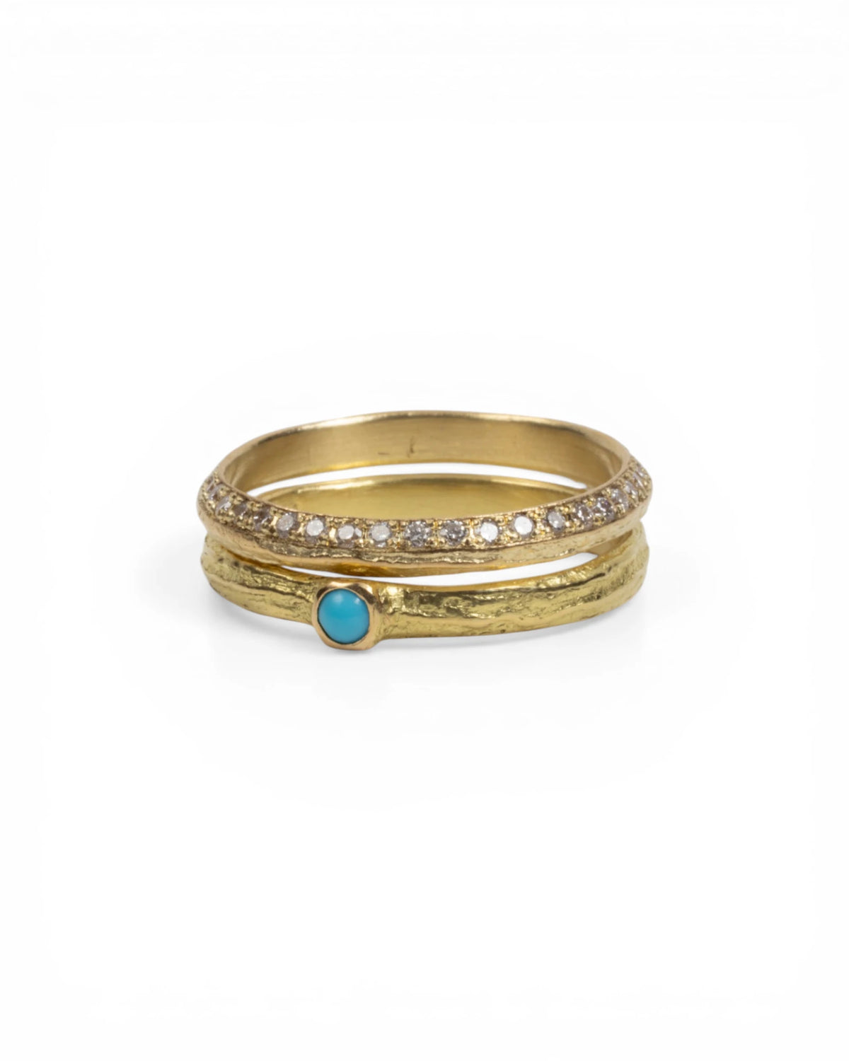 750 Gelbgold Ringset Bark-Struktur - Türkis-Cabochon und Memoire mit Brillanten