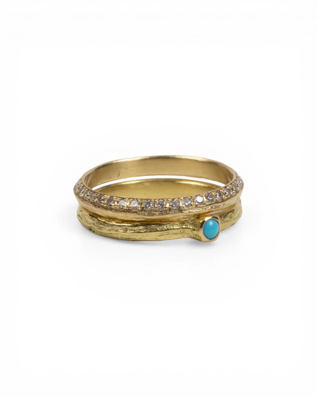 750 Gelbgold Ringset Bark-Struktur - Türkis-Cabochon und Memoire mit Brillanten