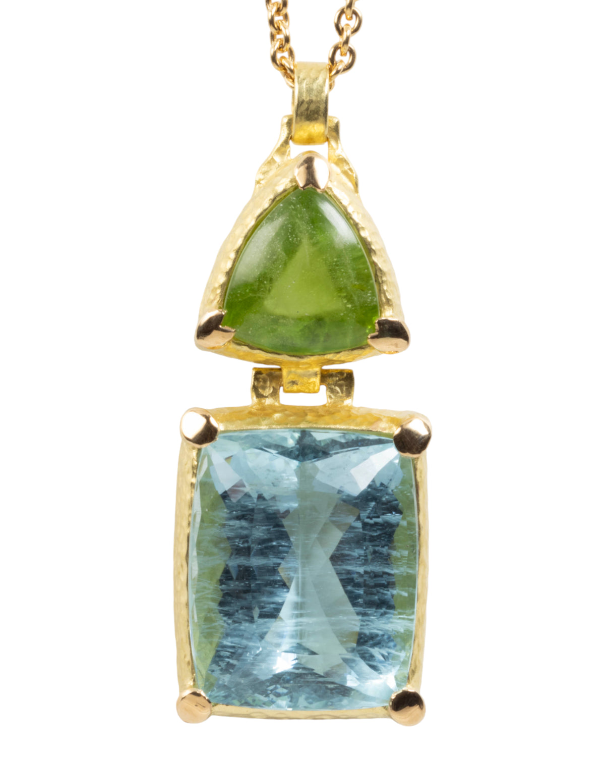 750 Gold Anhänger mit großem Aquamarin (72,65 ct) und Peridot (25,70 ct) – Unikat