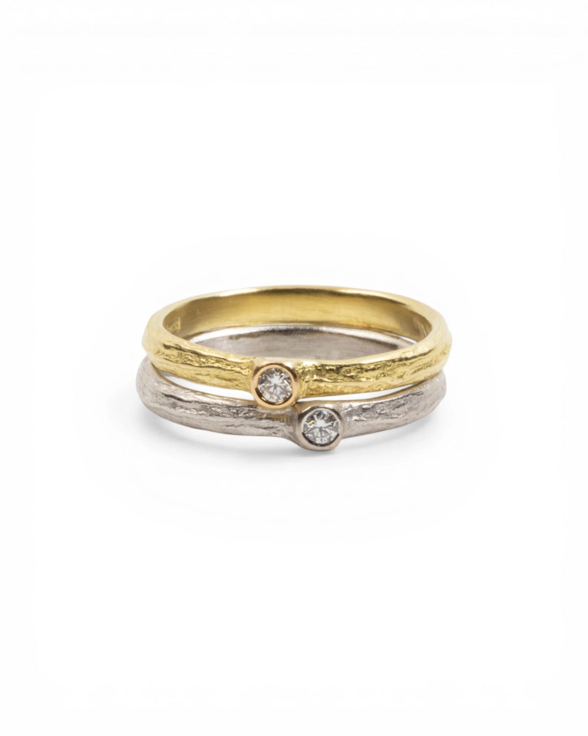 750 Gold Ringset Bark-Struktur mit LGD Brillanten - Gelbgold und Weißgold