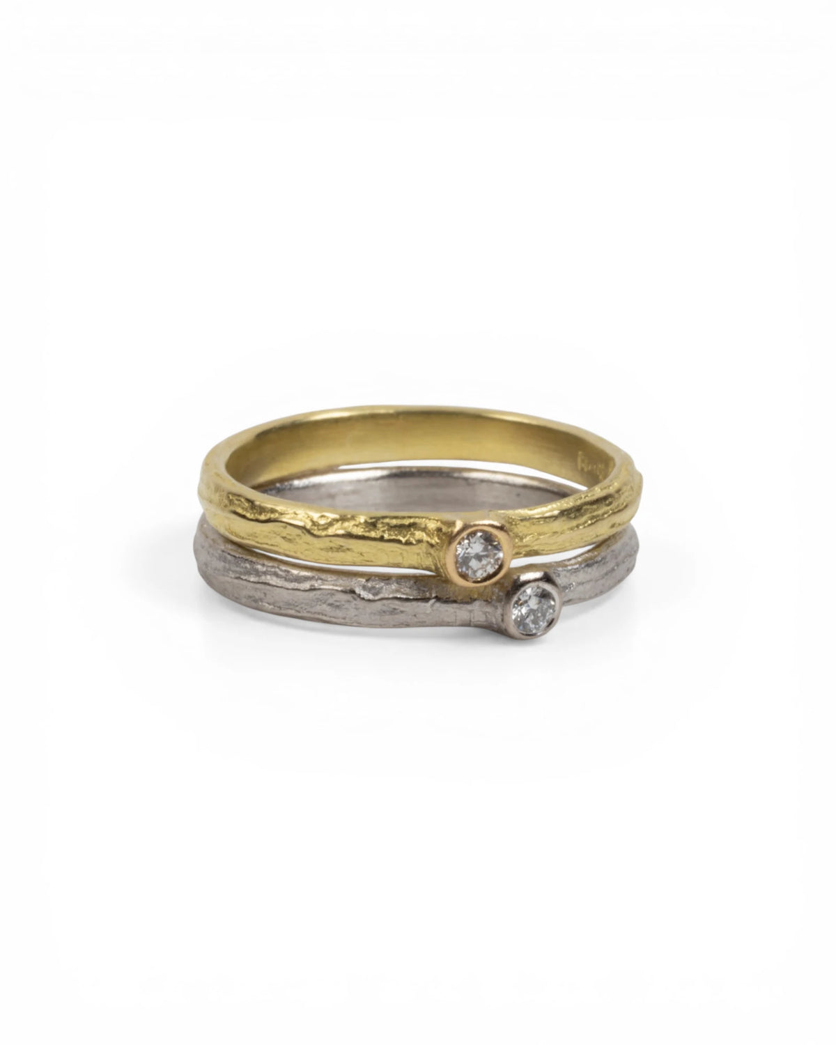 750 Gold Ringset Bark-Struktur mit LGD Brillanten - Gelbgold und Weißgold