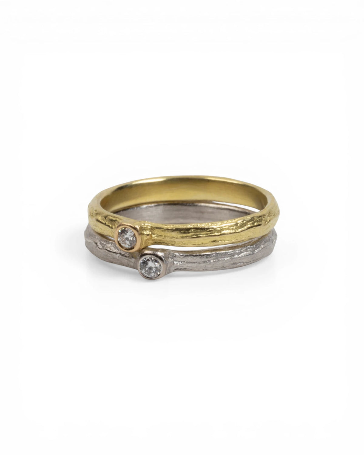 750 Gold Ringset Bark-Struktur mit LGD Brillanten - Gelbgold und Weißgold