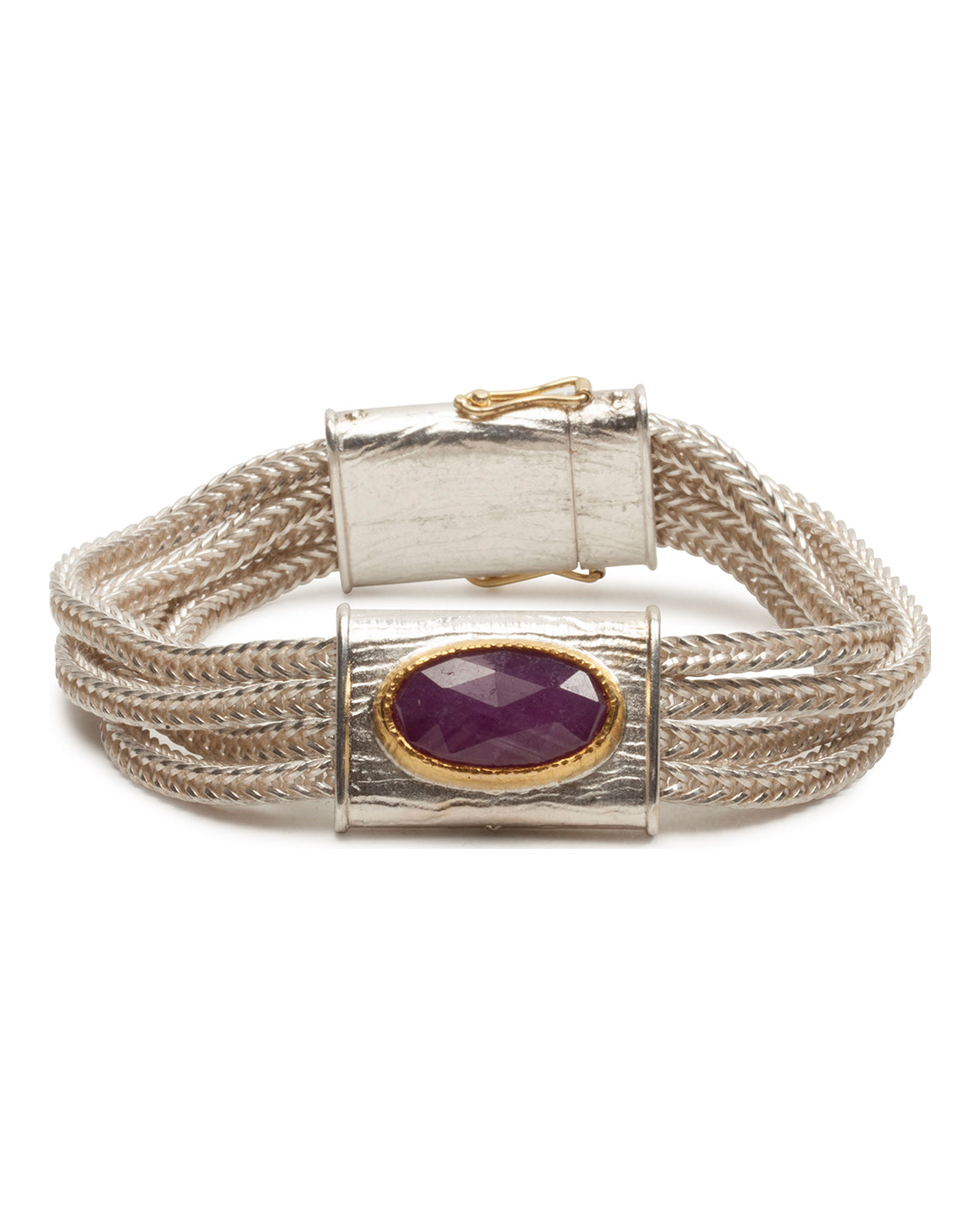 925 Silberarmband mit vier Reihen Fuchsschwanzkette und großem Rubin in Goldfassung - Goldschmiede Krack