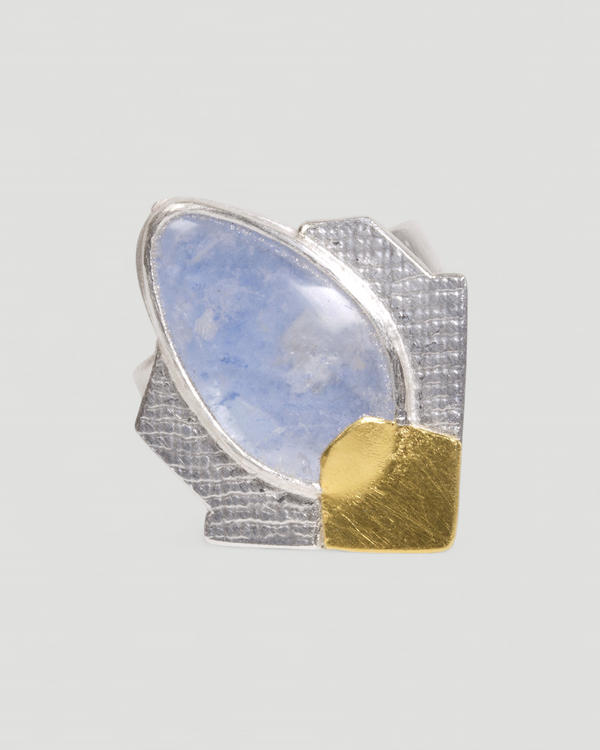 925 Silberring mit blauem Dumortierit-Quarz (9,42 ct) und Feingold