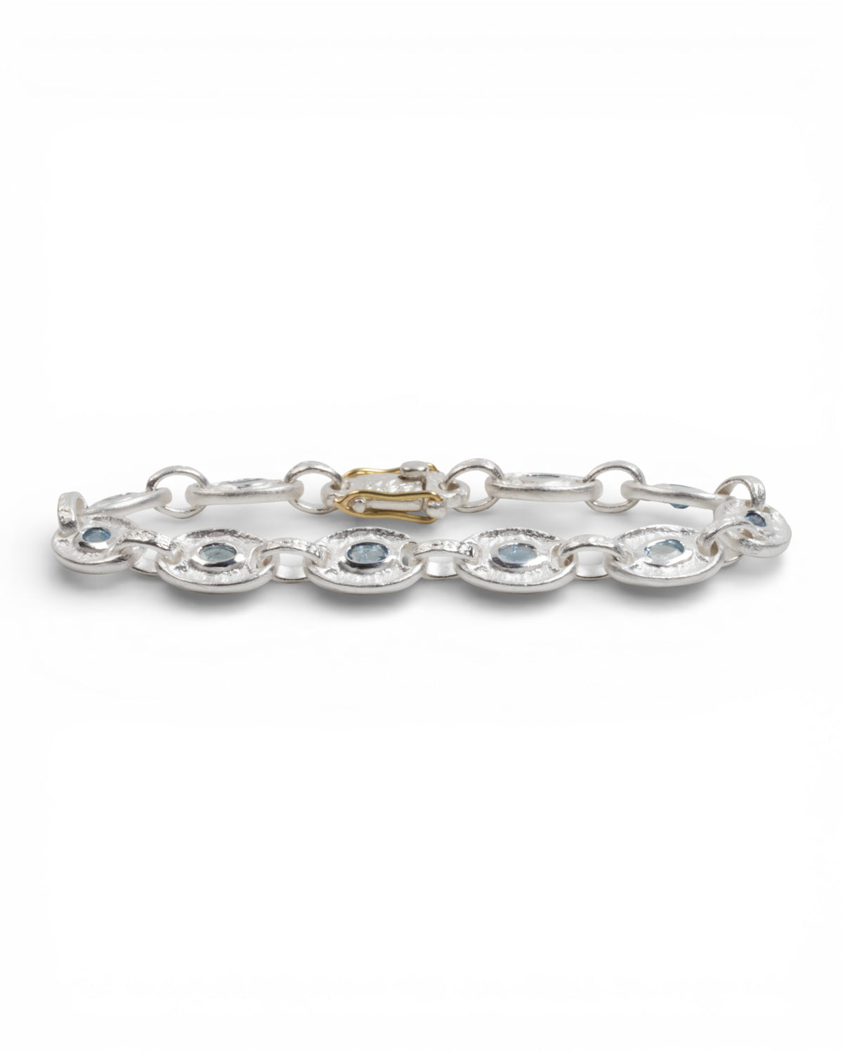 925 Silber Gliederarmband (Ø 10 mm) mit blauem Aquamarin und 750 Gold - Goldschmiede Krack - Trauringe & Unikatschmuck aus Deidesheim