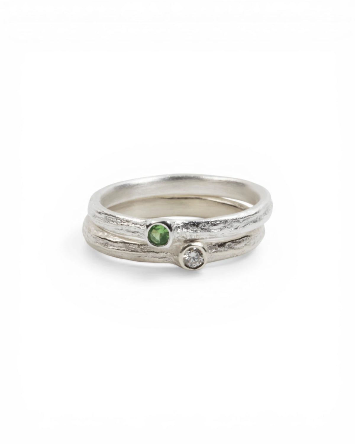 925 Silber Ringset Bark-Struktur - Grüner Tsavorit und Brillant