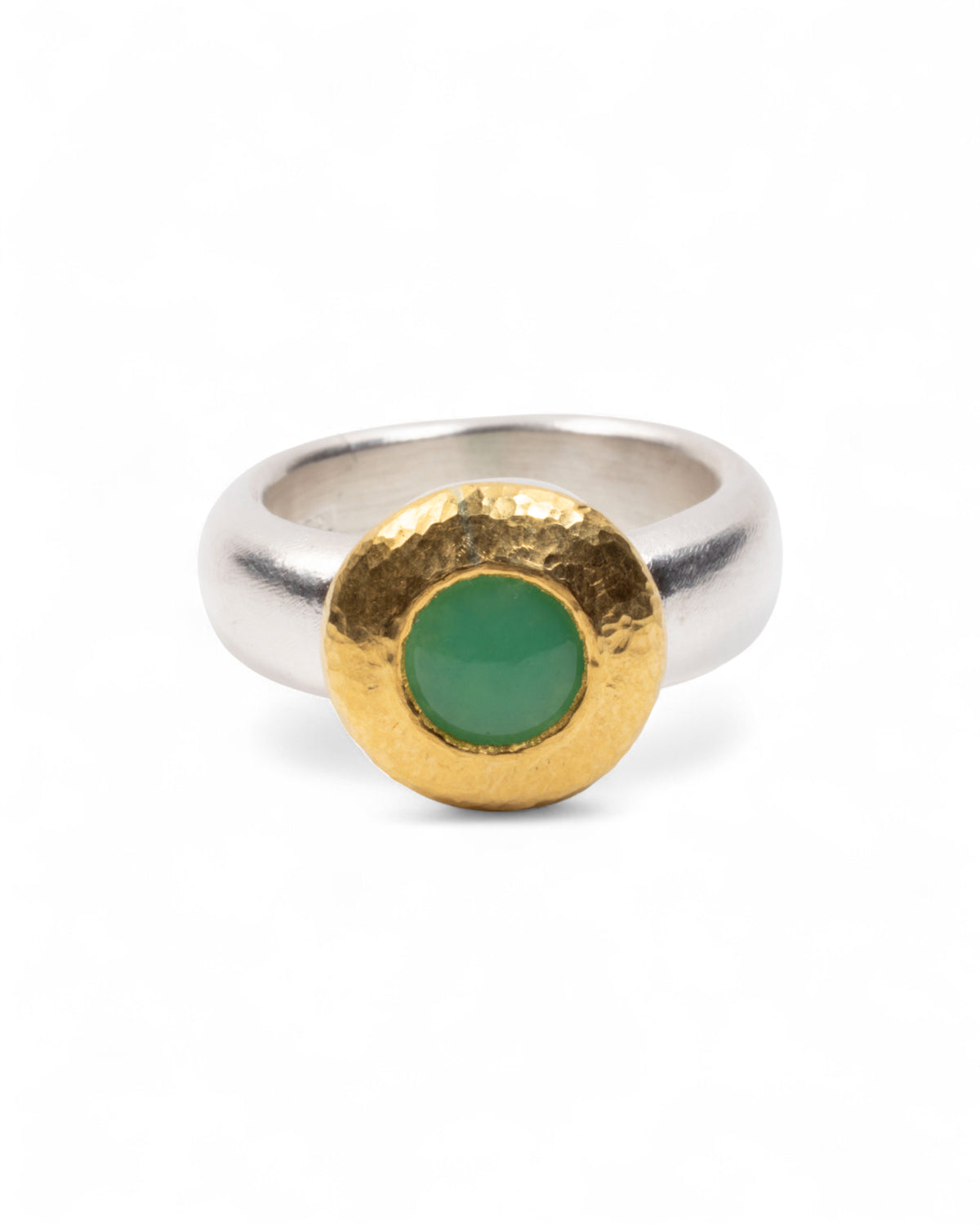 925 Silberring mit Chrysopras-Cabochon und Feingoldfassung