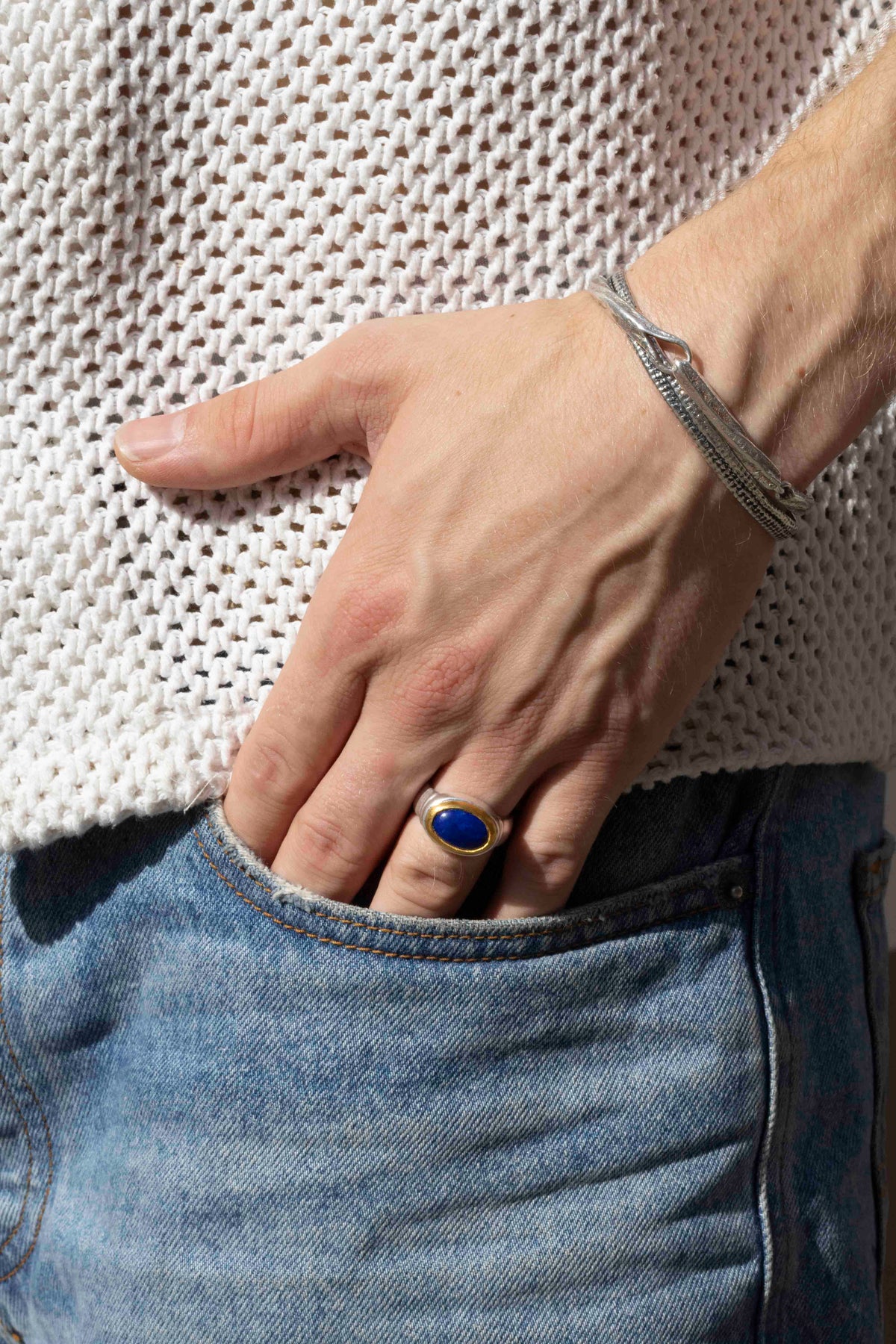 925 Silberring mit Lapislazuli (6.3 ct) und 999-Feingoldfassung
