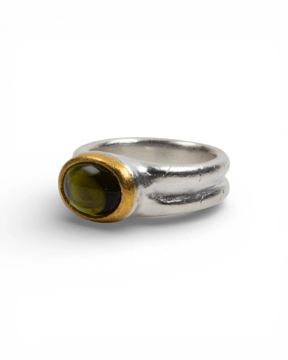 925 Silberring mit grünem Turmalin (3,58 ct) und 999 Feingold-Fassung - Goldschmiede Krack - Trauringe & Unikatschmuck aus Deidesheim