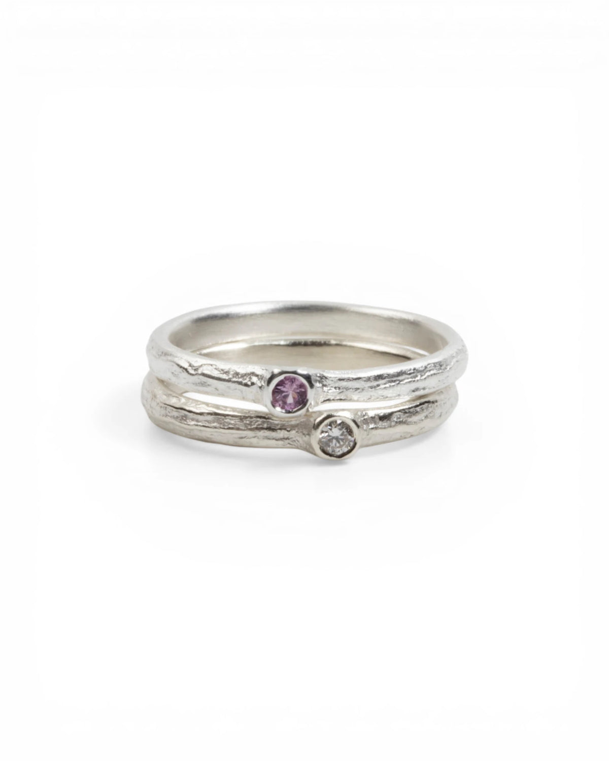 925 Silber Bark-Ringset mit pinkem Saphir (0,08 ct) und Brillant (0,05 ct)
