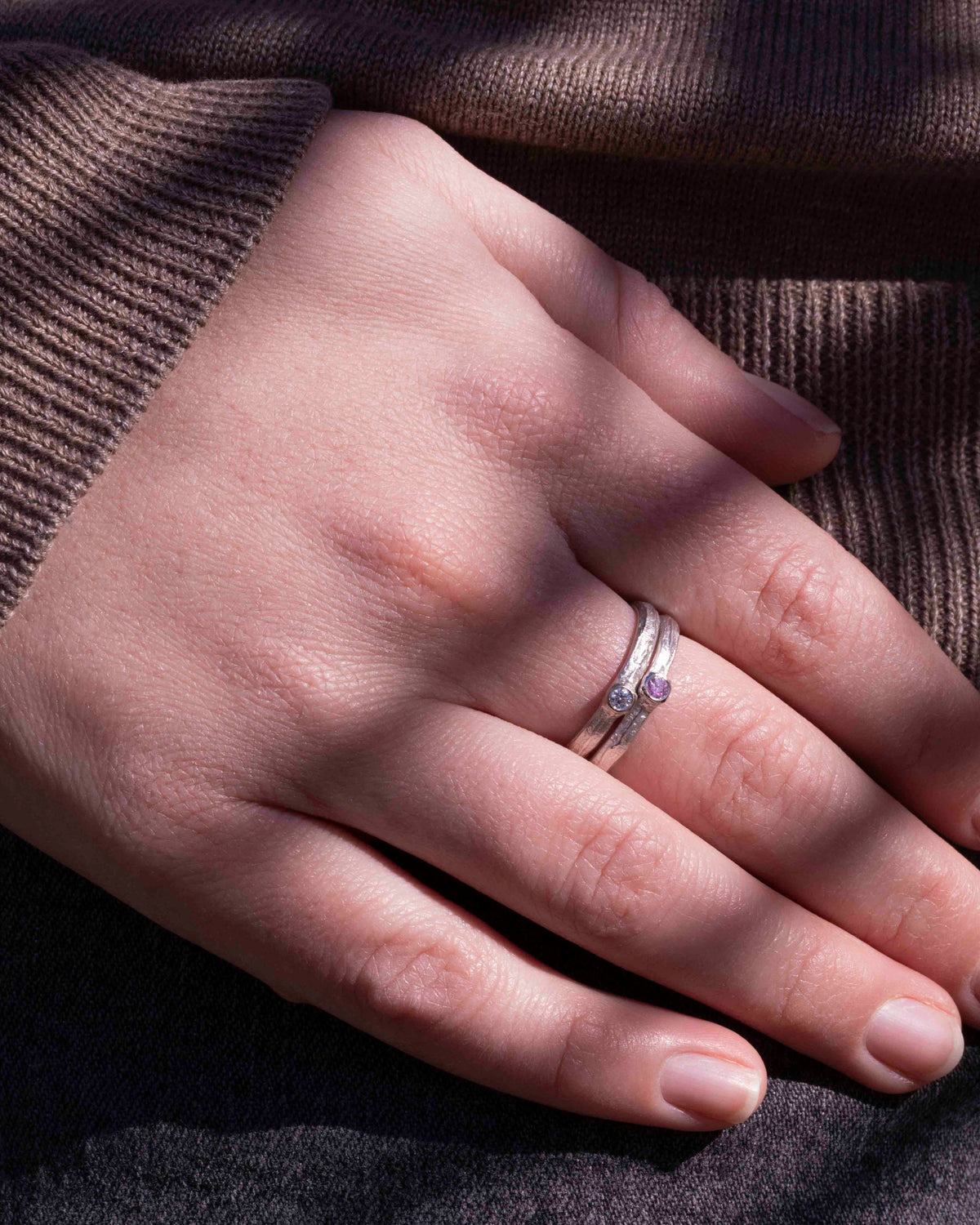 925 Silber Bark-Ringset mit pinkem Saphir (0,08 ct) und Brillant (0,05 ct)