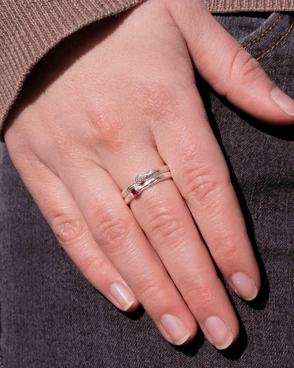 925 Silber Bark-Ringset mit rotem Rubin (0,08 ct) und Brillant (0,05 ct)