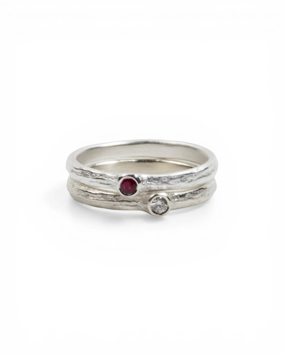 925 Silber Bark-Ringset mit rotem Rubin (0,08 ct) und Brillant (0,05 ct)