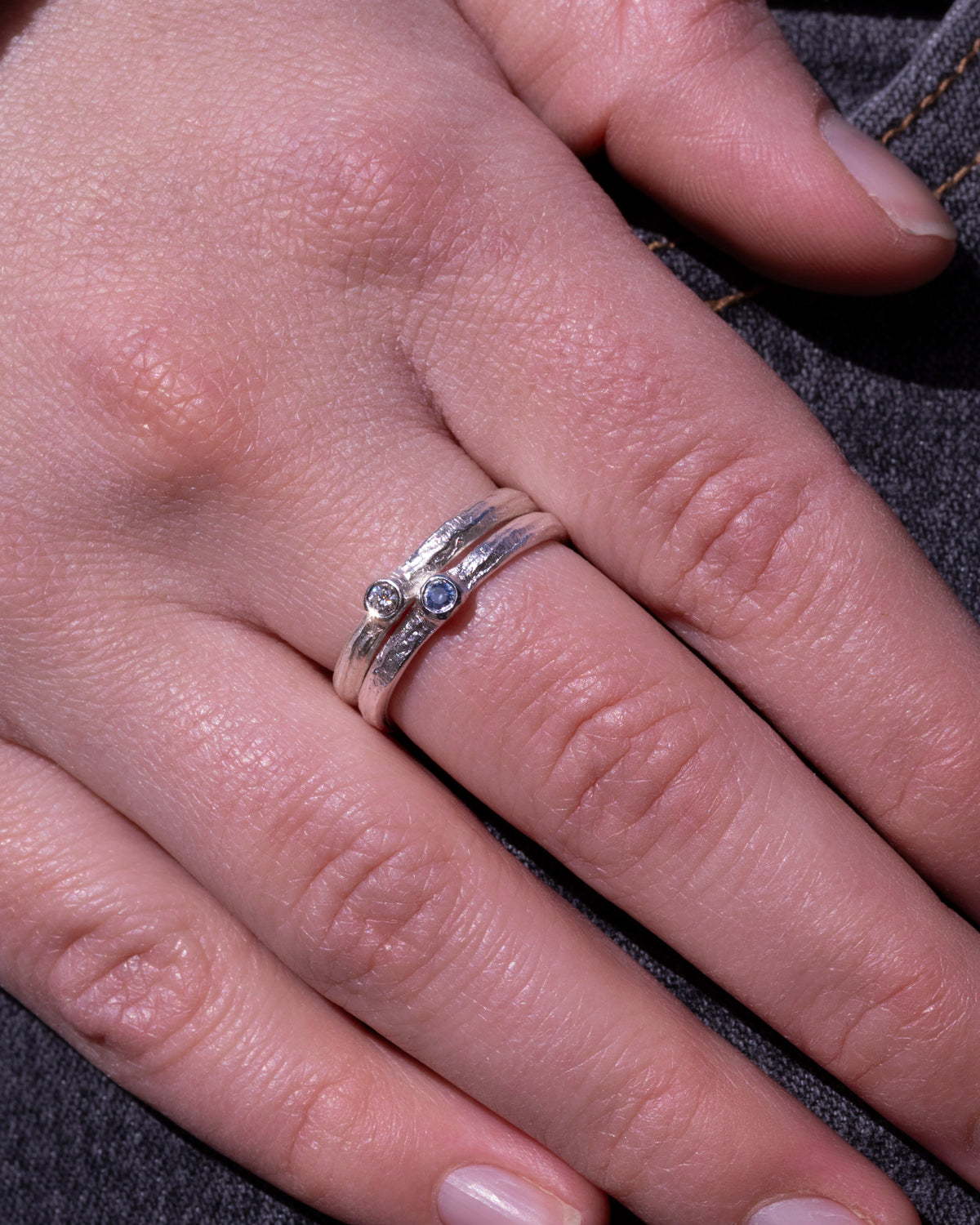 925 Silber Bark-Ringset mit blauem Saphir (0,06 ct) und Brillant (0,05 ct)